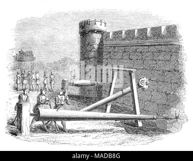 Medieval Warfare I: A 14th Century machine used for boring holes in defensive walls, prior to the use of a battering ram. 1 of 3 sketches. Stock Photo