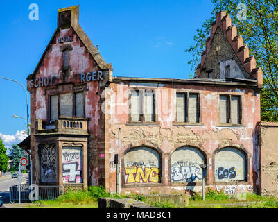 Derelict Brasserie Au Petit Rhin restaurant building, built 1899, destroyed by fire, burned out roof framework, Strasbourg, Alsace, France, Europe, Stock Photo