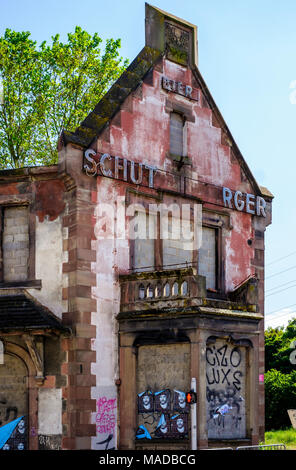 Derelict Brasserie Au Petit Rhin restaurant building, built 1899, destroyed by fire, burned out roof framework, Strasbourg, Alsace, France, Europe, Stock Photo