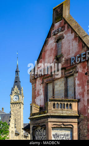 Derelict Brasserie Au Petit Rhin restaurant building, built 1899, destroyed by fire, harbour's master belfry, Strasbourg, Alsace, France, Europe, Stock Photo