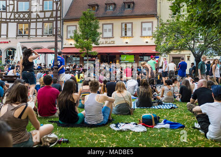 July 2016, crowd of fans watching 2016 soccer world cup, outdoor television big screen, Strasbourg, Alsace, France, Europe, Stock Photo