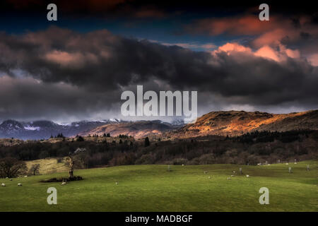 The Lake District National Park. Cumbria. Landscape of dark skies looking from Wray castle across Windermere towards Ambleside and clouds on the tops Stock Photo