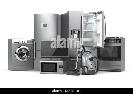 Home appliances. Set of household kitchen technics isolated on white background. Fridge, gas cooker, microwave oven, washing machine and vacuum cleane Stock Photo