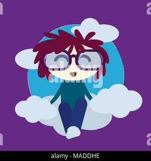 Cute Little Boy In Love With Hearts And Glasses Sitting On a Cloud Vector Card Stock Vector