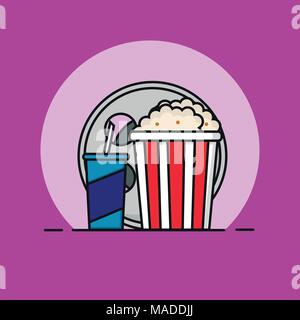 Popcorn, filmstrip and soda with straw. Cinema icon in flat dsign style. Vector illustration Stock Vector