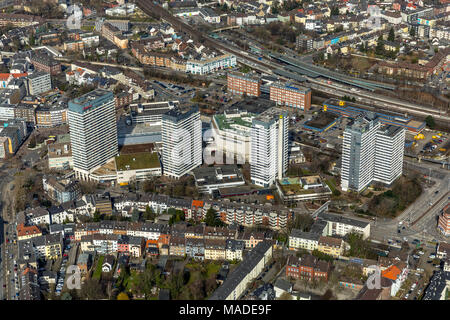 Center of Mülheim with the four residential towers, Forum Mülheim, Hans-Böckler-Platz, in Mülheim an der Ruhr in North Rhine-Westphalia. Mülheim an de Stock Photo