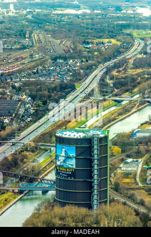 Gasometer Oberhausen with the poster for the exhibition The mountain calls on the Rhine-Herne Canal and the Emscher, in Oberhausen in North Rhine-West Stock Photo