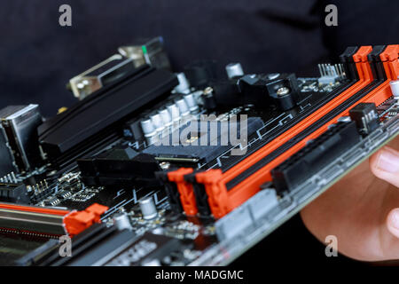 Elements of computer motherboard with elements close-up Stock Photo
