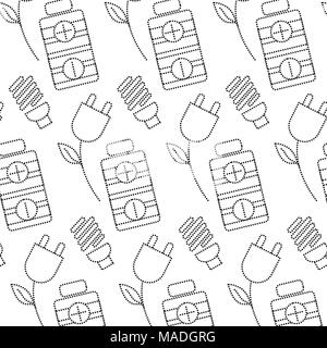 dotted shape power cable with bulb conservation and battery background vector illustration Stock Vector