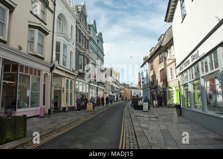 Historic Barbican, Plymouth, Southside Street with historic buildings and little colourful shops. Stock Photo