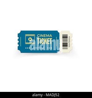 Blue cinema ticket isolated on white background. Realistic cinema ticket template. Vector illustration Stock Vector