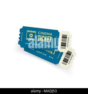 Movie ticket. Blue cinema tickets isolated on white background. Realistic cinema ticket template. Vector illustration Stock Vector