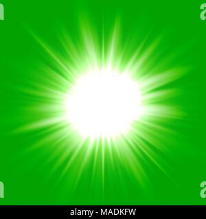 Green flash star background, white light rays vector illustration Stock Vector