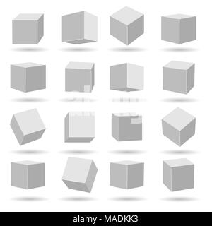White cubes. Geometry modeling cube set isolated on white background, miscellaneous angles dimensional and perspective vector blocks models Stock Vector