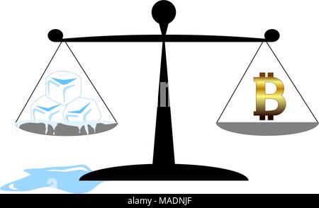 Currency instability in business concept. Bitcoin and melting ice cubes on balance scale. Vector illustration. Stock Vector