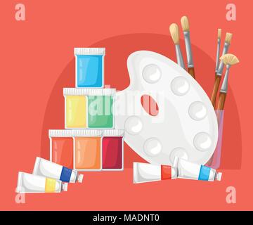 Pallete with brushes,paint, oil, gouache. Collection for painter. Vector illustration on red background. Website page and mobile app design. Stock Vector