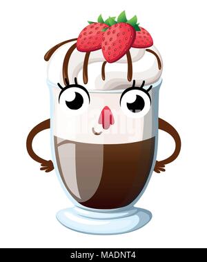 Hot chocolate with whipped cream and strawberry. Cartoon style character design. Mascot with smiling face. Vector illustration isolated on white backg Stock Vector