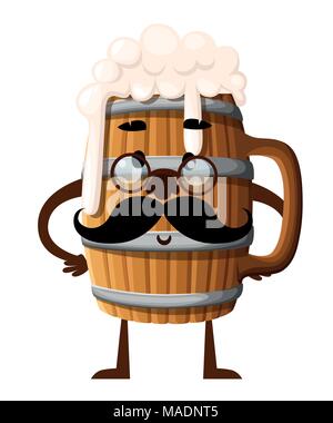 Cartoon style character design. Wooden beer mug with black mustache. Mascot with glasses. Vector illustration isolated on white background. Website pa Stock Vector