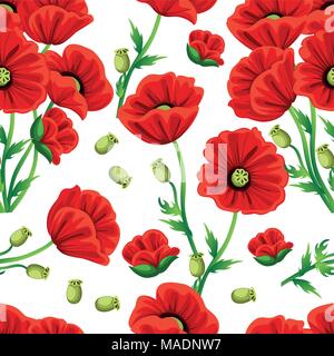 Seamless pattern. Red Poppy flower with green leaves. Vector illustration on white background. Web site page and mobile app design. Stock Vector