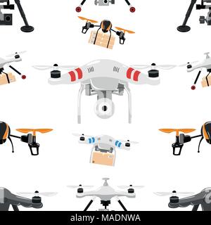 Seamless pattern on quadrocopter. Air drone hovering. Quadrocopters transports cargo and holds a camera. Vector illustration on white background. Web  Stock Vector