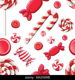 Seamless pattern of red sweetmeats. Hard candy, candy cane, lollipop. Candys in wrapper. Vector illustration on white background. Web site page and mo Stock Vector