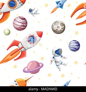 Seamless pattern of space elements. Children Seamless pattern with cartoon space rockets, planets, stars and cosmonaut. Vector illustration on white b Stock Vector