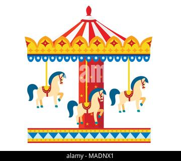 Colorful carousel with horses. Amusement park concept. Vector illustration isolated on white background. Website page and mobile app design. Stock Vector