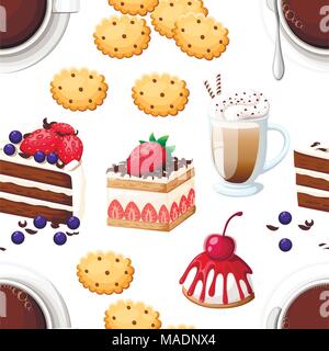 Seamless pattern of confectionery sweets. Hot drink in cup, cookies, cakes, jelly. White ceramic mug. Vector illustration on white background. Web sit Stock Vector
