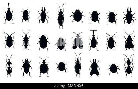 Black silhouettes. Collection of bugs. Insect silhouette set. Vector illustration isolated on white background. Website page and mobile app design. Stock Vector