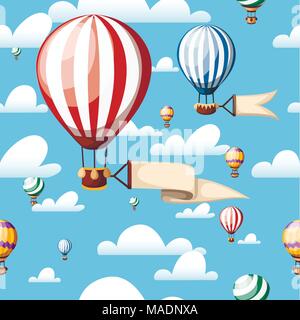 Seamless pattern. Hot air balloons. Red balloon with ribbon on the blue sky. Vector illustration isolated with clouds on background. Website page and  Stock Vector