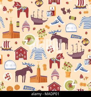 Seamless repeatable hand drawn pattern with landmarks and symbols of Sweden. Traditional Swedish food, clothes and city sightseeings. Stock Vector