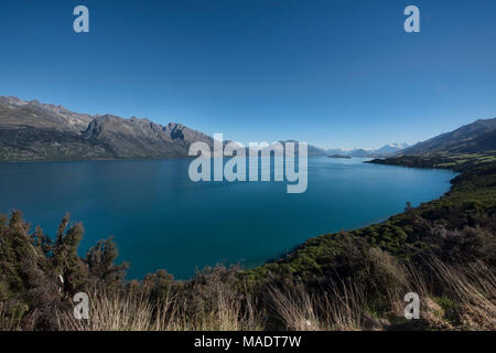 Views towards the Dart Valley and Mount Earnslaw across Lake Wakatipu, seen from Bennet's Bluff, South Island, New Zealand Stock Photo