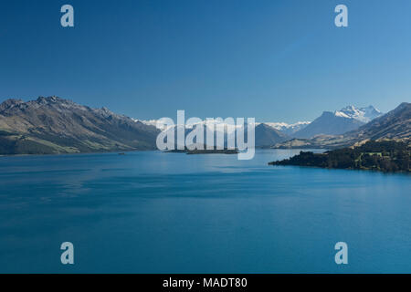 Views towards the Dart Valley and Mount Earnslaw across Lake Wakatipu, seen from Bennet's Bluff, South Island, New Zealand Stock Photo
