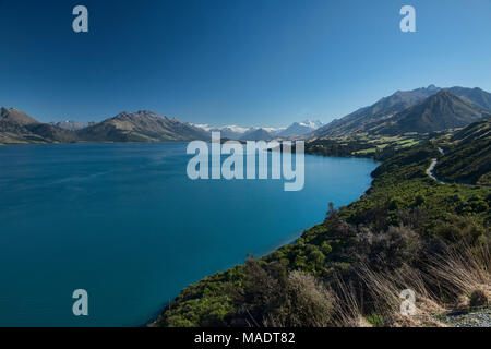 Views towards the Dart Valley and Mount Earnslaw across Lake Wakatipu, seen from Bennet's Bluff, South Island, New Zealand Stock Photo