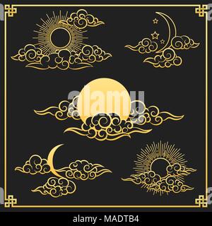Oriental clouds, sun and moon. Gold sun and moon with clouds in old ...