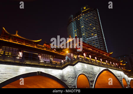 Night view of Anshun Bridge with modern high rise, Chengdu, Sichuan Province, China Stock Photo