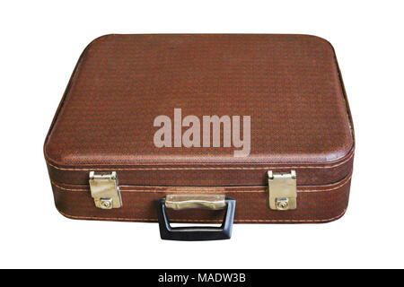 Old brown suitcase isolated on white background. Stock Photo