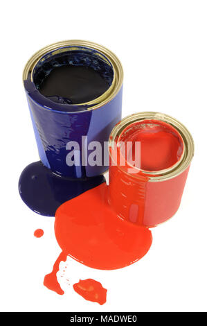 Two messy dripping paint cans isolated on a white background. Stock Photo