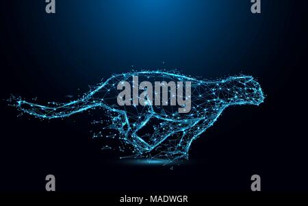 Abstract cheetah running form lines and triangles, point connecting network on blue background. Illustration vector Stock Vector