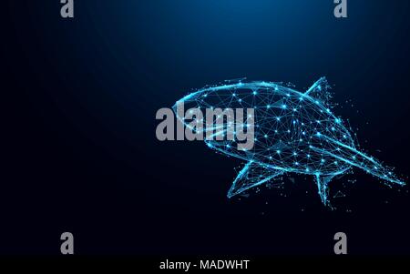 Abstract shark form lines and triangles, point connecting network on blue background. Illustration vector Stock Vector