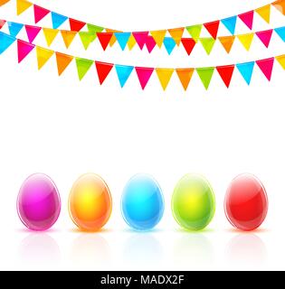 Happy Easter greeting card with colorful eggs and flags Stock Vector