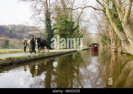 Horse drawn narrowboat with tourists taking a pleasure trip along the 200 year old Llangollen canal in North Wales Stock Photo