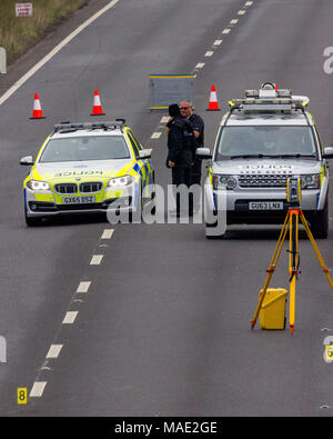 A27, Pevensey, East Sussex, UK. 31st March 2018. Sussex police continue to investigate today's road accident involving a motorbike which occurred on the A27 between Stoney Cross and Pevensey. Credit: Alan Fraser Stock Photo