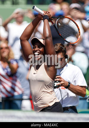 Key Biscayne, Florida, USA. 31st Mar, 2018. Sloane Stephens of the United States celebrates as she wins the women's championship final against Jelena Ostapenko of Latvia at the 2018 Miami Open presented by Itau professional tennis tournament, played at the Crandon Park Tennis Center in Key Biscayne, Florida, USA. Stephens won 7-6(5), 6-1. Mario Houben/CSM/Alamy Live News Stock Photo