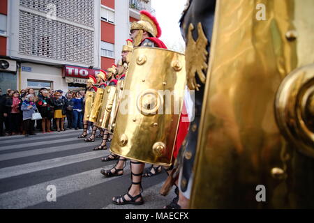 Procession of the Glory during the Sunday of Resurrection, celebrating the Easter Sunday in the streets of Valencia. In this photo man wearing  costumes of old Roman Empire soldiers. Valencia, Spain. April 1st, 2018. Credit: Gentian Polovina/Alamy Live News Stock Photo
