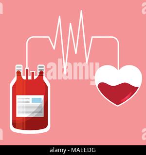 blood bag and heart connection pulse rate vector illustration Stock Vector