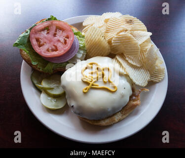 A gourmet cheeseburger with lettuce, onions and tomato on a soft roll served on a white plate with potato chips and pickles. Stock Photo