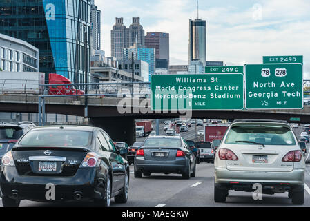 Morning commuters in heavy traffic on the I-75/85 Downtown Connector in Atlanta, Georgia. (USA) Stock Photo