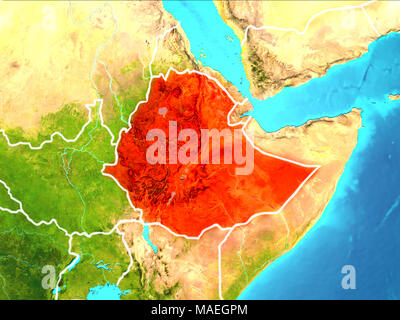 Ethiopia highlighted in red from Earth’s orbit. 3D illustration. Elements of this image furnished by NASA. Stock Photo