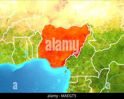 Nigeria highlighted in red from Earth’s orbit. 3D illustration. Elements of this image furnished by NASA. Stock Photo